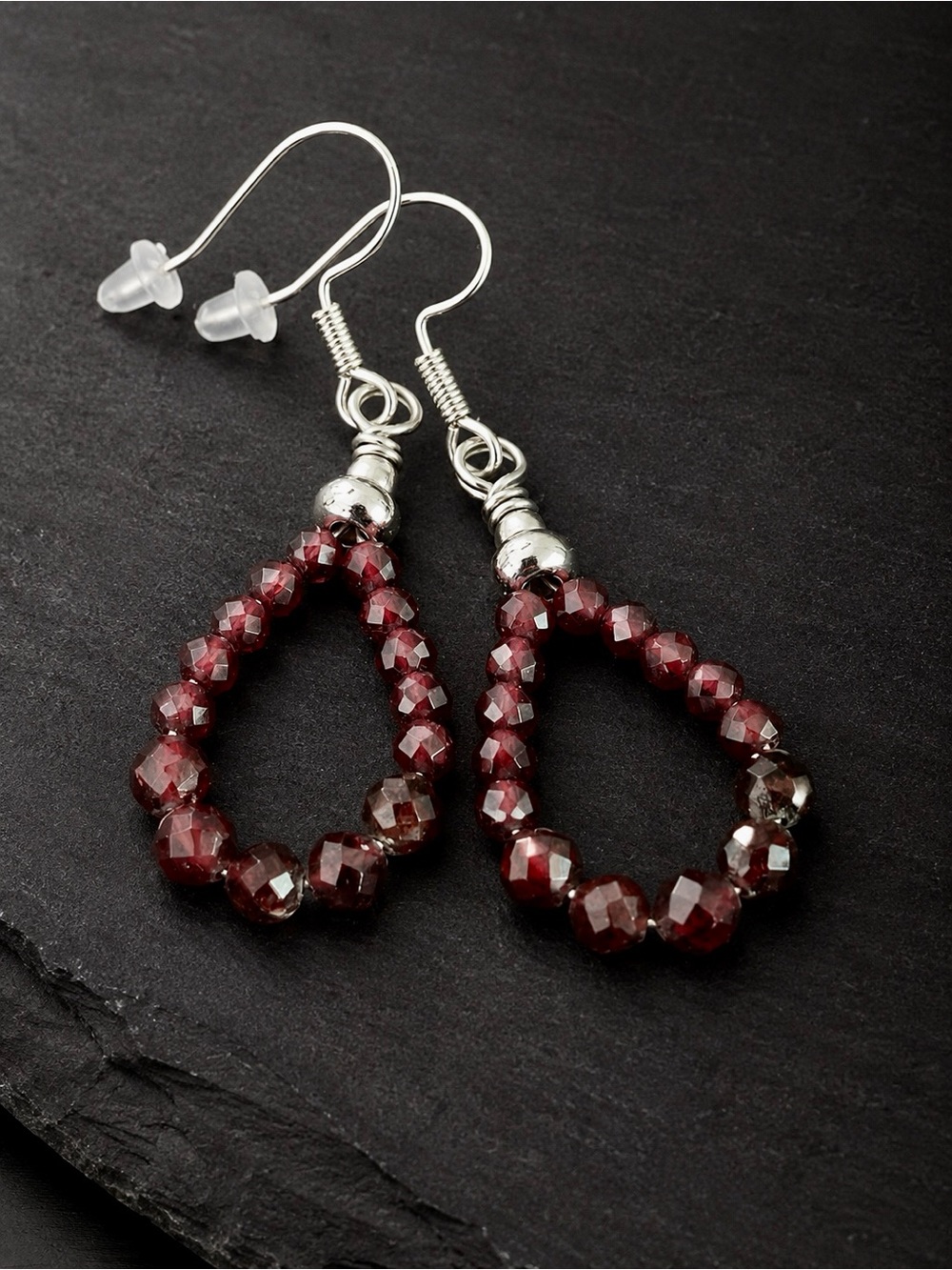 Handcrafted natural garnet gemstone teardrop hoop earrings in stainless steel